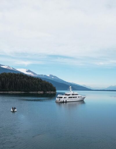 Drone footage of yacht cruising in Alaska